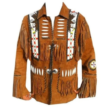 Men Brown Eagle Beads Western Cowboy Suede Leather Jacket, Fringes Jacket