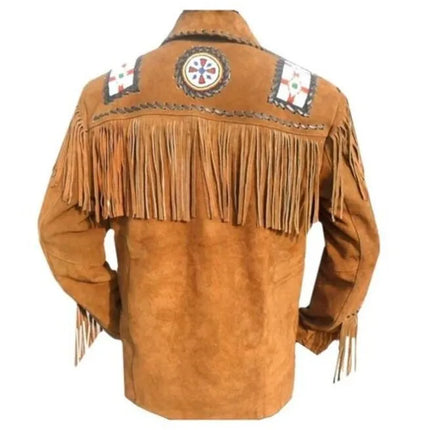 Men Brown Eagle Beads Western Cowboy Suede Leather Jacket, Fringes Jacket