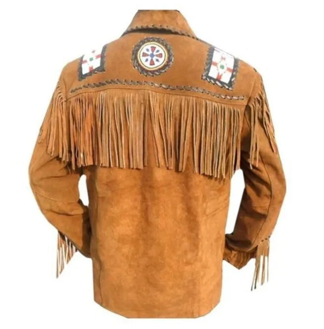 Men Brown Eagle Beads Western Cowboy Suede Leather Jacket, Fringes Jacket