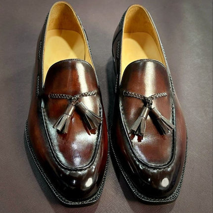Handmade Moccasins Brown Tassels Shoes, Leather Men Slip ons Loafer Office Shoes