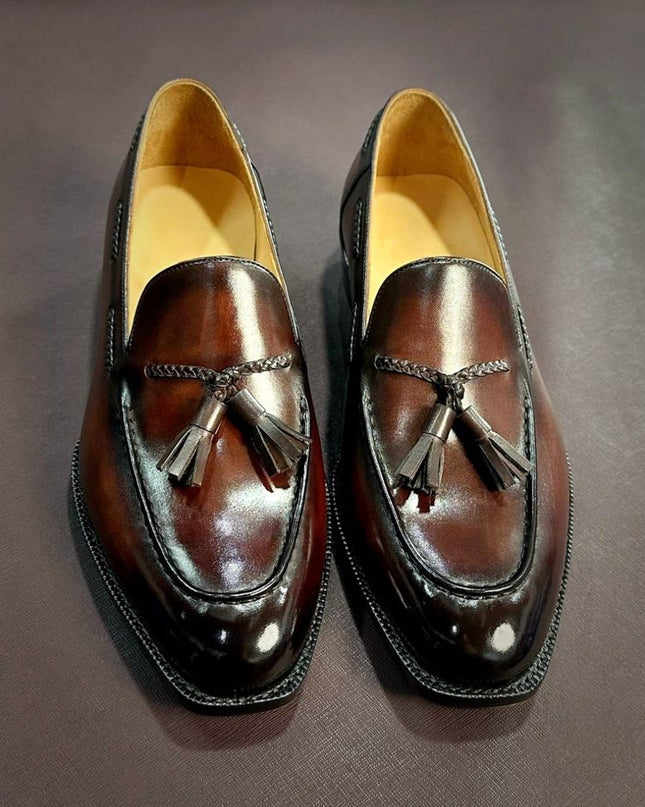 Handmade Moccasins Brown Tassels Shoes, Leather Men Slip ons Loafer Office Shoes