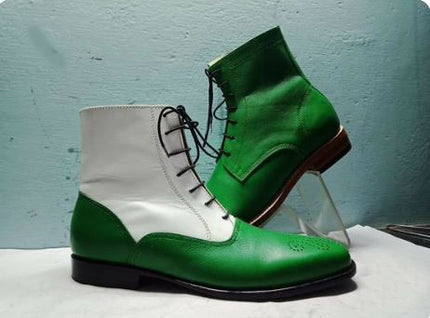 Handmade Men’s White and Green Chukka Lace Up Brogue High Ankle Dress Office Boots, Real Leather Ankle Business Boots