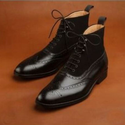 New Men’s Black High Ankle Wing Tip Brogue Dress Office Boots, Real Leather and Suede Ankle Business Boots