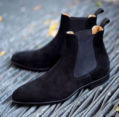 Handmade Men’s Black Chelsea Dress Office Boots, Real Suede Ankle Business Boots