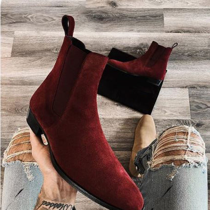 Handmade Men’s Burgundy Chelsea Dress Office Boots, Real Suede High Ankle Business Boots