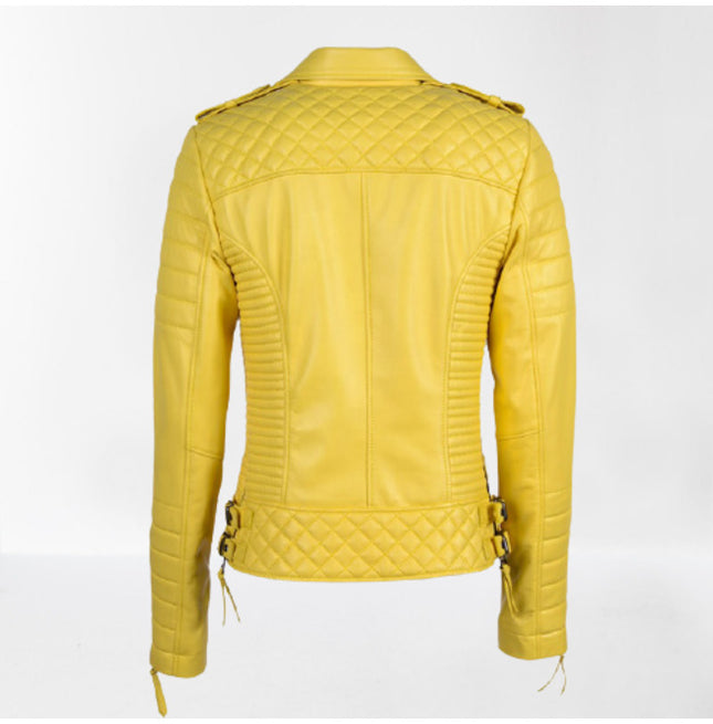 Women Yellow Leather Biker Fashion Jacket, Men Leather Slim Fit Apparel