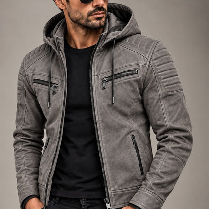 Men Gray Leather Hooded Jacket, Mens Biker Jacket, Casual Leather Jackets