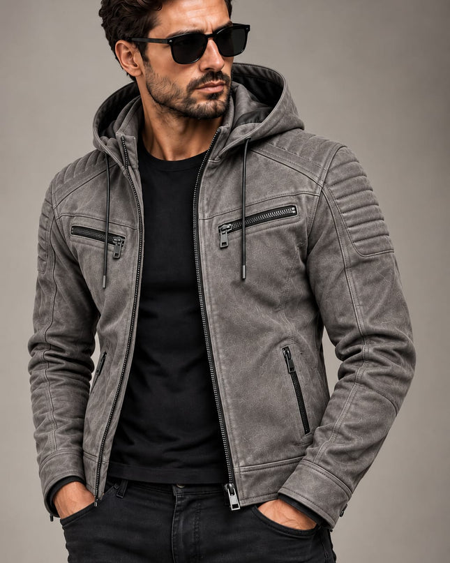 Men Gray Leather Hooded Jacket, Mens Biker Jacket, Casual Leather Jackets