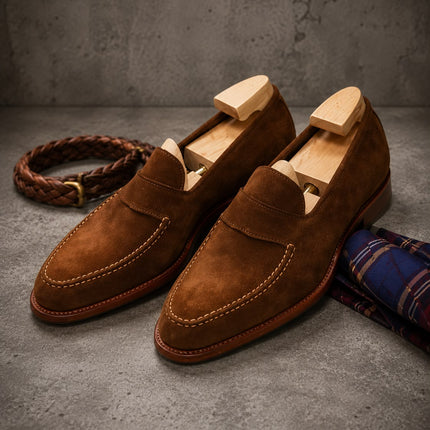 Handmade dark brown suede office moccasins shoes, Men slip ons shoes