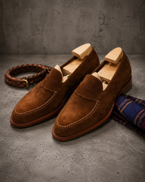 Handmade dark brown suede office moccasins shoes, Men slip ons shoes