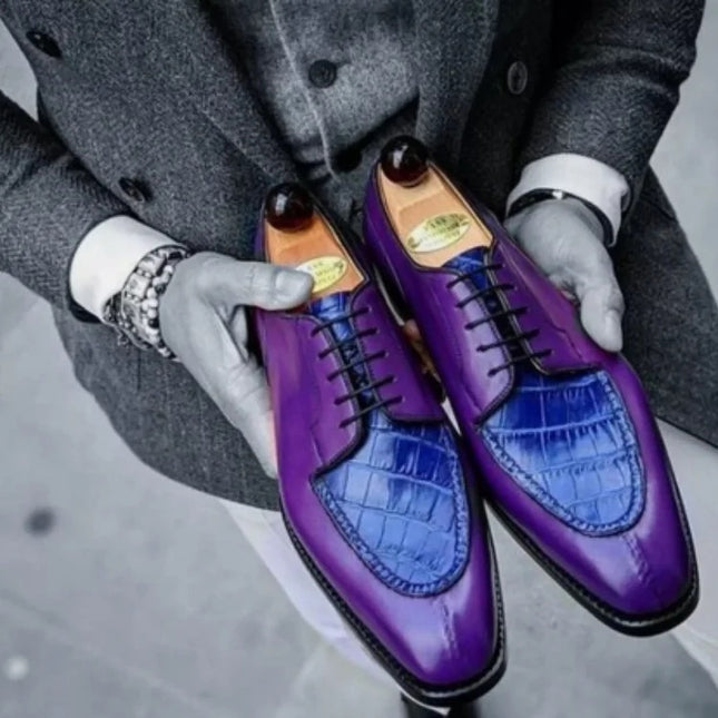 Handmade Two Tone Shoes, Mens Crocodile Pattern Shoes, Lace Up Derby Shoes