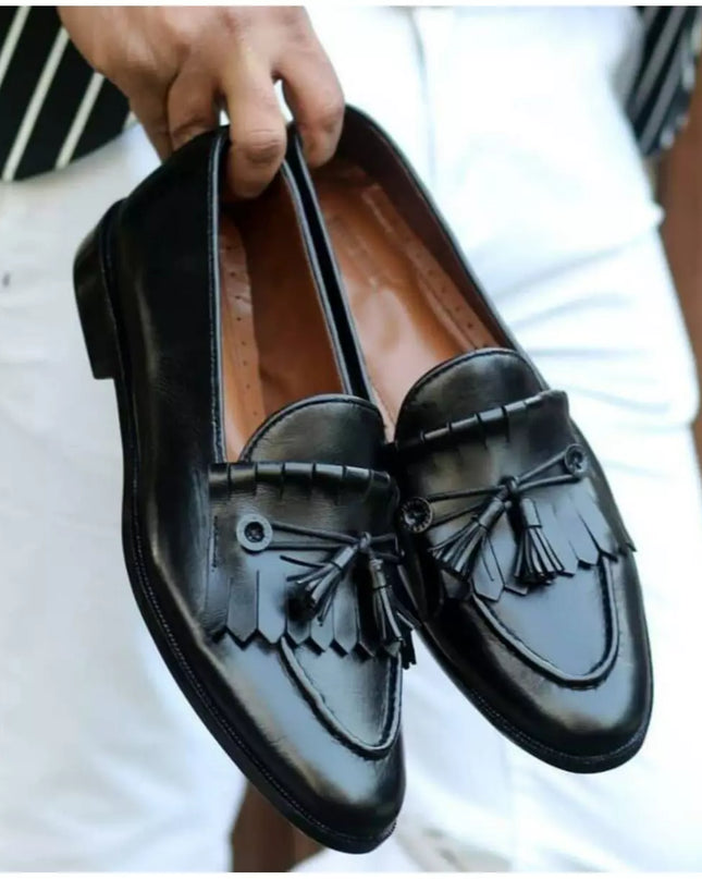 Handmade Mens Black Leather Tassels Fringes Shoes, Leather Fringe Moccasins