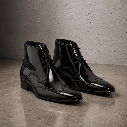 Handmade Men Patent Black Leather Brogue Ankle Boots, Wing Tip Lace up Office Boots