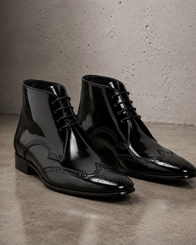 Handmade Men Patent Black Leather Brogue Ankle Boots, Wing Tip Lace up Office Boots