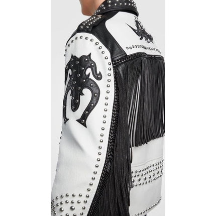 Handmade Men Two Tone Biker Studded White Leather Jacket, Motorcycle Jacket