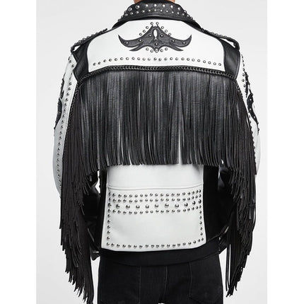 Handmade Men Two Tone Biker Studded White Leather Jacket, Motorcycle Jacket