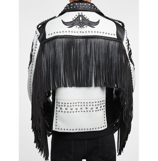 Handmade Men Two Tone Biker Studded White Leather Jacket, Motorcycle Jacket