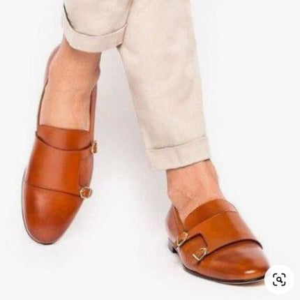 Men’s Tan Double Monk Strap Penny Street Wear Shoes, Real Leather shoes