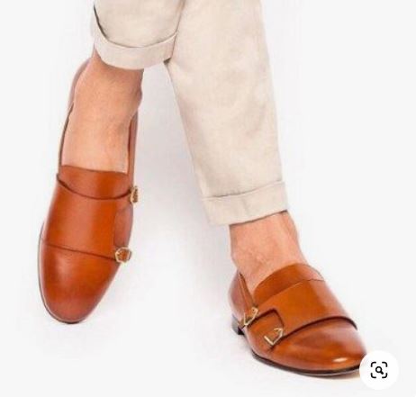 Men’s Tan Double Monk Strap Penny Street Wear Shoes, Real Leather shoes