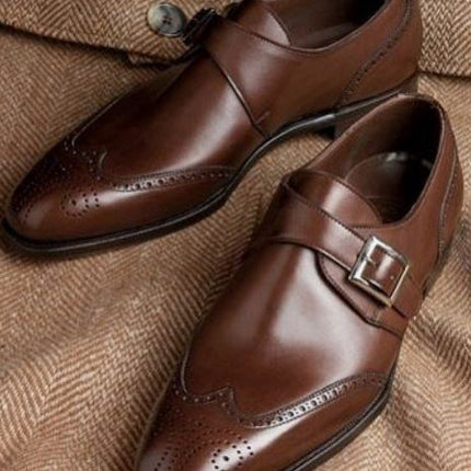 New Dark Brown Single Monk Strap Wing Tip Brogue Formal Dress Business Shoes, Real Leather Office shoes