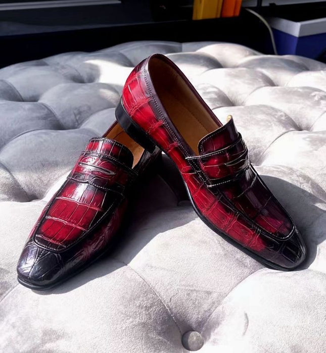 Handmade Shaded Burgundy Leather Slip Ons Shoes, Men Formal Moccasins Dress Shoe