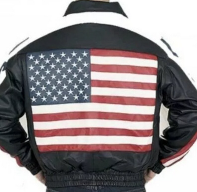 Men’s Handmade USA Flag Jackets with Black Backs Genuine Leather Jackets For Men