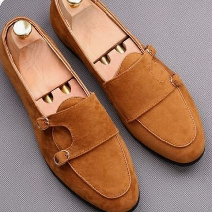 Men’s Tan Double Monk Strap Penny Street Wear Shoes, Real Suede shoes