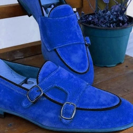 Men’s Blue Double Monk Strap Penny Street Wear Shoes, Real Suede shoes