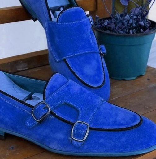 Men’s Blue Double Monk Strap Penny Street Wear Shoes, Real Suede shoes