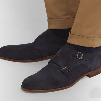 Handmade Men’s Dark Gray Double Monk Strap Formal Dress Business Shoes, Real Suede Office shoes