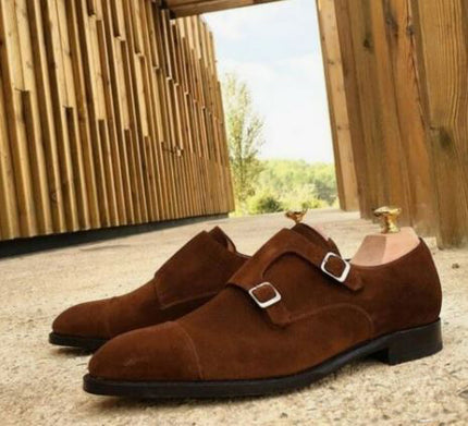 New Dark Brown Double Monk Strap Formal Dress Business Shoes, Real Suede Office shoes