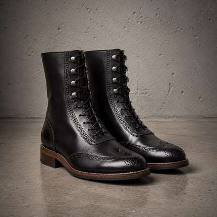 Handmade Men Black Leather Wing Tip Brogue High Ankle Cowboy Boots