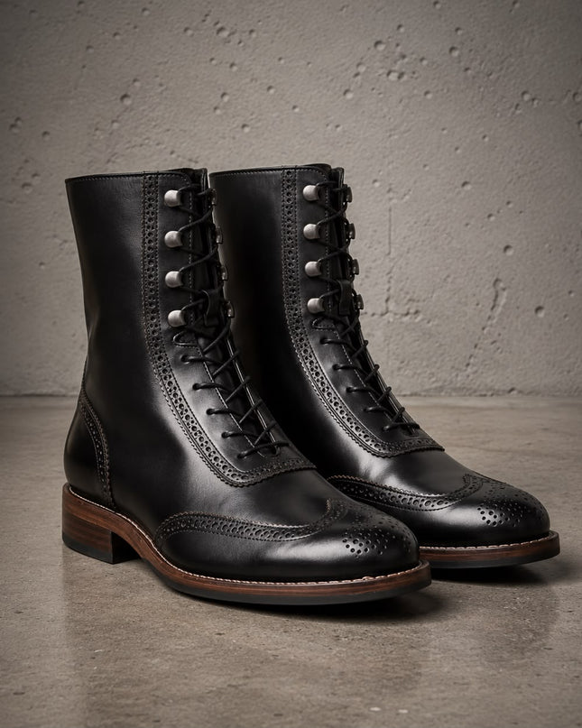 Handmade Men Black Leather Wing Tip Brogue High Ankle Cowboy Boots