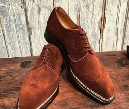Handmade Men’s Brown Wing Tip Brogue Derby Lace Up Business Dress Shoes, Real Suede Office Shoes.
