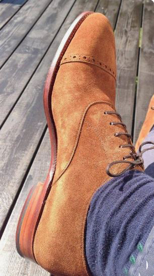 Handmade Men’s Tan Brogue Lace Up Business Dress Shoes, Real Suede Office Shoes.