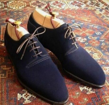 Handmade Men’s Blue Derby Lace Up Business Dress Shoes, Real Suede Office Shoes.
