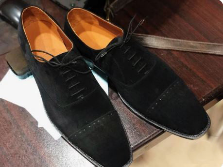 Handmade Men’s Black Brogue Lace Up Business Dress Shoes, Real Suede Office Shoes.