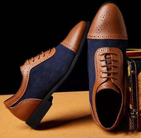 Handmade Men’s Brown and Blue Brogue Lace Up Formal Dress Shoes, Real Leather and Suede Office Shoes.