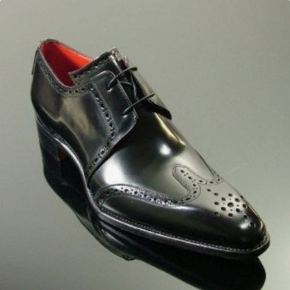 Handmade Men’s Black Wing Tip Brogue Derby Lace Up Business Dress Shoes, Real Leather Office Shoes.