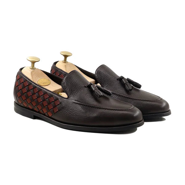Handmade Men Brown Moccasins Tassels Woven Calf Leather Dress Shoes, Slip Ons