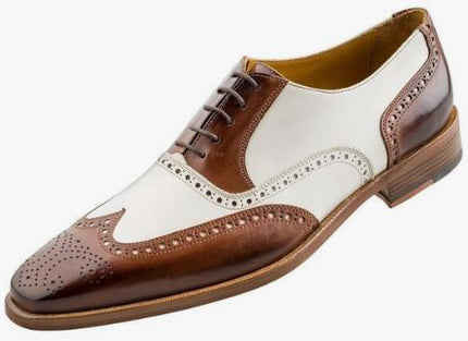 Handmade Men’s Two Tone Wing Tip Brogue Lace Up Business Dress Shoes, Real Leather Office Shoes.