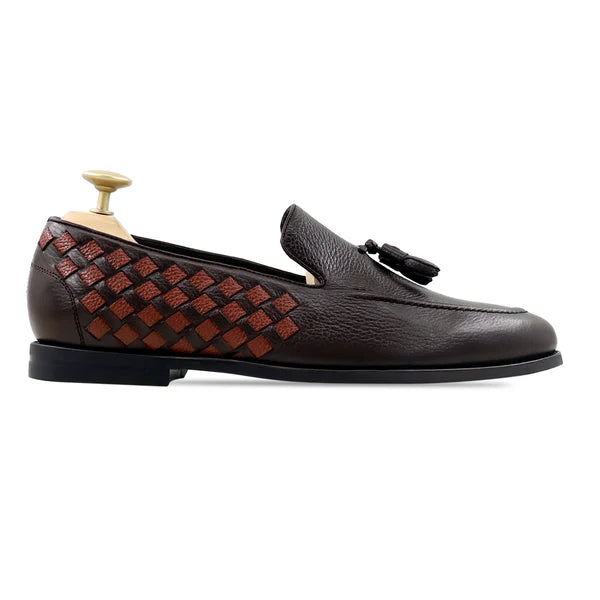 Handmade Men Brown Moccasins Tassels Woven Calf Leather Dress Shoes, Slip Ons