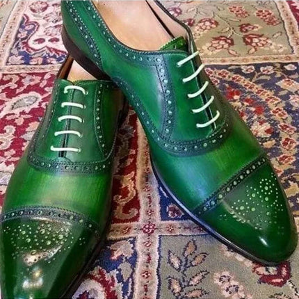 Handmade Men Green Color Party Shoes, Green Color Brogue Dress Shoes