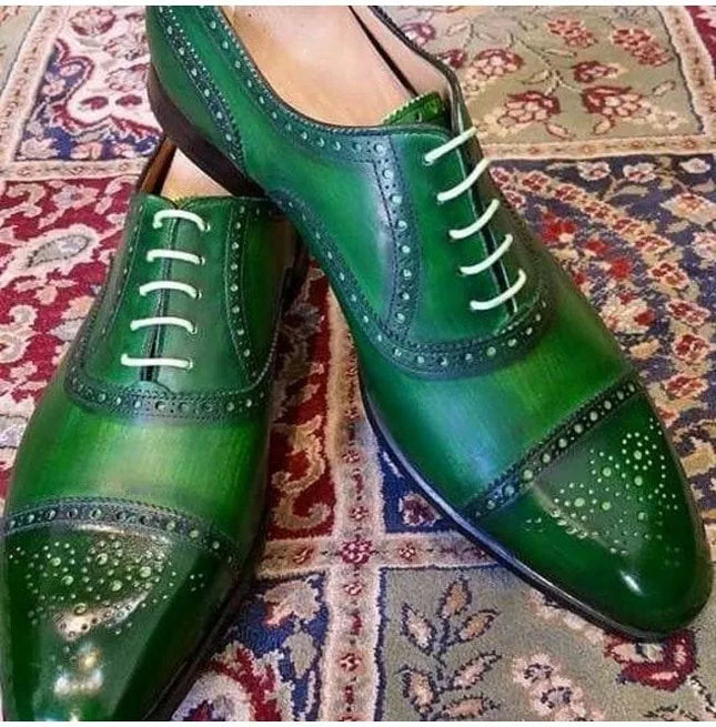 Handmade Men Green Color Party Shoes, Green Color Brogue Dress Shoes
