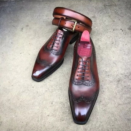 Handmade Men Wingtip Dark Burgundy Formal Shoes, Wing Tip Dress Shoes