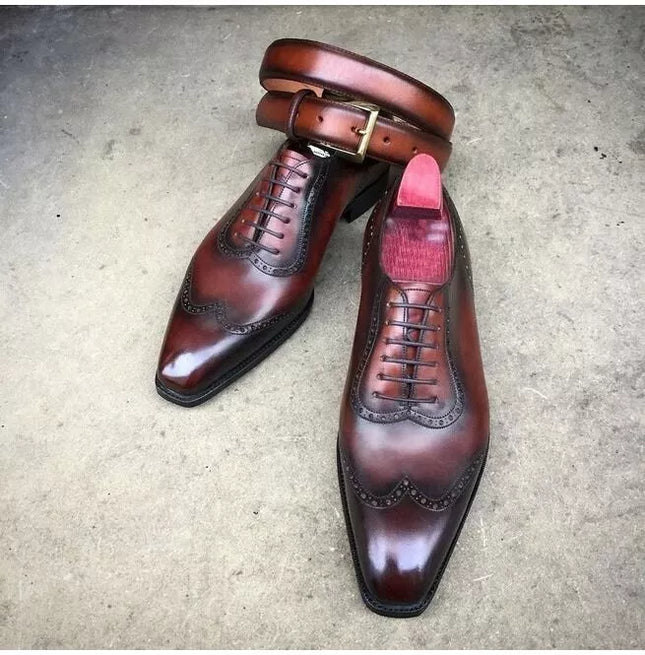 Handmade Men Wingtip Dark Burgundy Formal Shoes, Wing Tip Dress Shoes