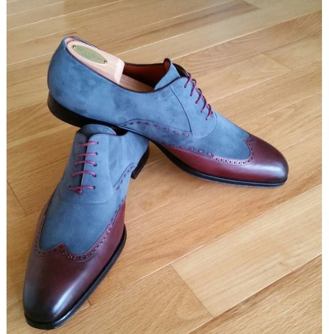 Handmade Men Two Tone Wing Tip Shoes, Blue And Brown Formal Dress Shoes