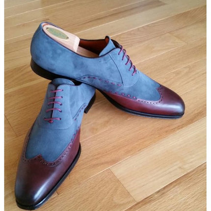 Handmade Men Two Tone Wing Tip Shoes, Blue And Brown Formal Dress Shoes