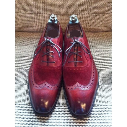 Handmade Men Wingtip Burgundy Color Shoes, Suede And Leather Dress Shoe