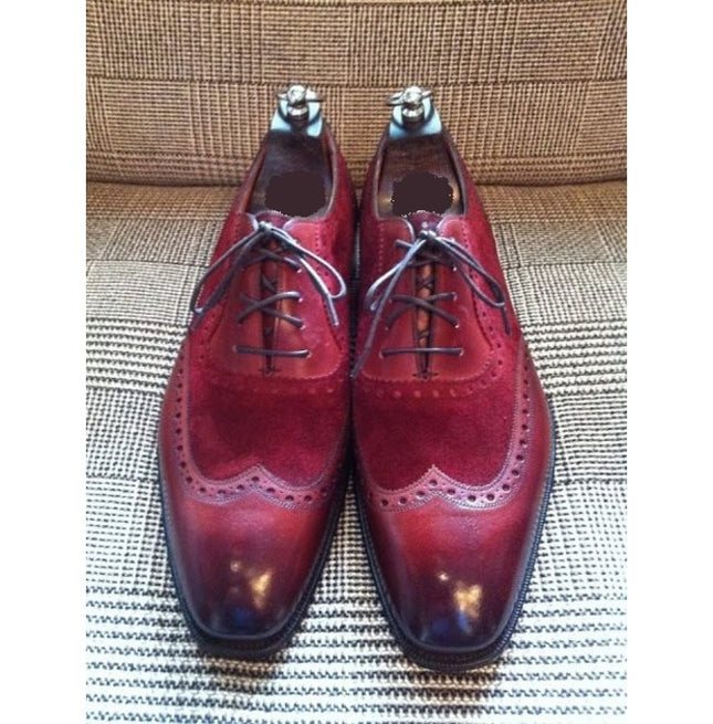 Handmade Men Wingtip Burgundy Color Shoes, Suede And Leather Dress Shoe